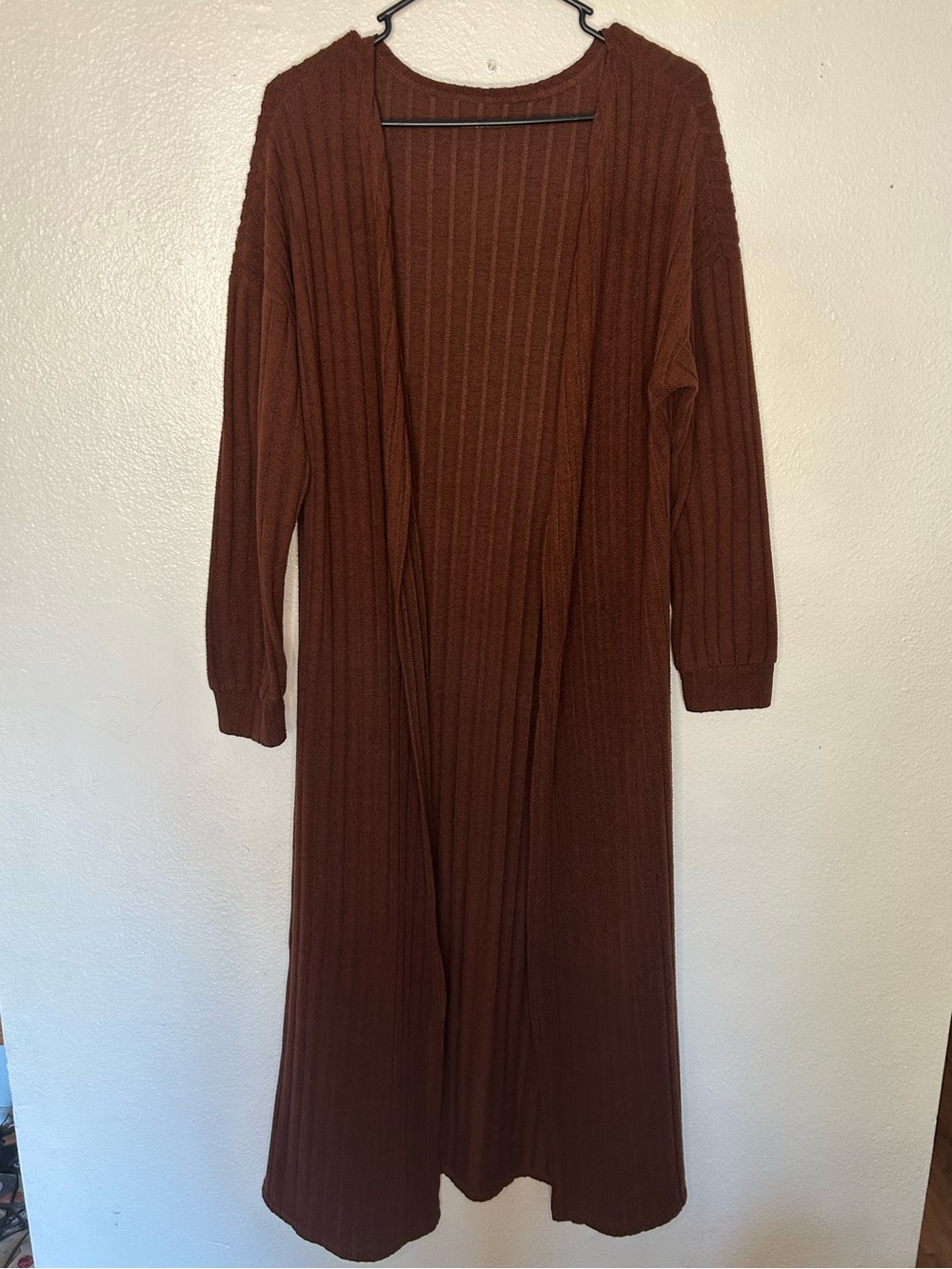 Long Open-Front Ribbed Cardigan Sweater - Rust Brown